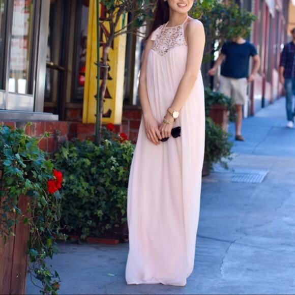 ZARA Chiffon Halter Maxi Dress Lace Crochet Grecian, Pale Pink NWOT - Picture 2 of 11